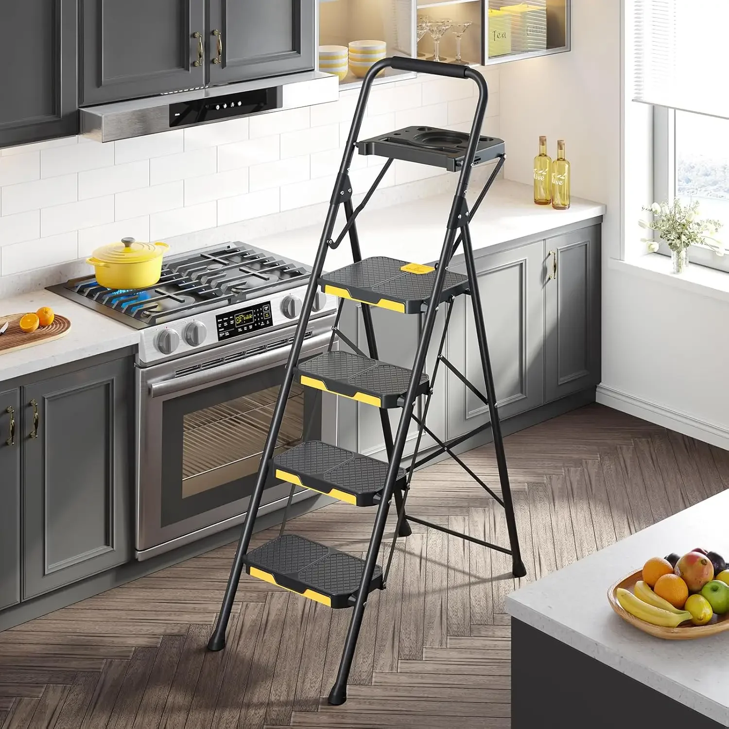 4 steps with tool platform, folding step stool with wide pedals, safety locking, sturdy steel ladder portable safety ladder