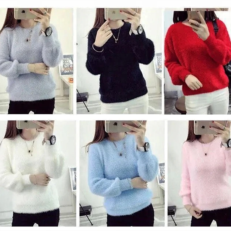 Winter Imitieren Nerz Wolle Heißer Fleece Pullover Feste Weibliche Elastische Beiläufige Pullover Oansatz Lange Puff Sleeve Frauen Gestrickte Tops