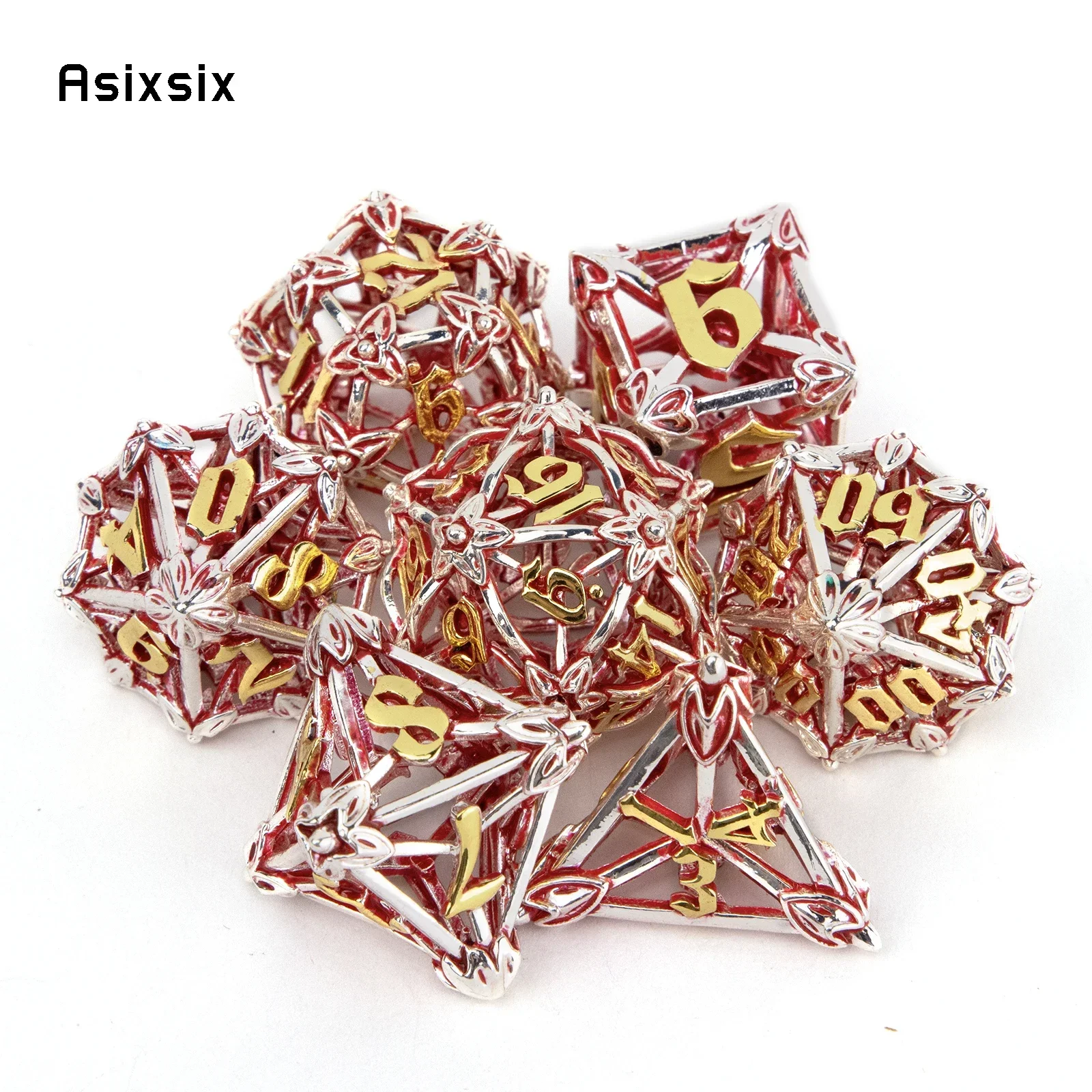 

7 Pcs Silver Red Leaf Flower Metal Dice Hollow Metal Polyhedral Dice Set Suitable for Role-Playing RPG Board Game Gift