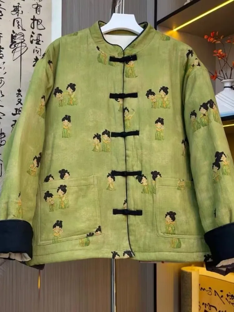 Thickened Cotton Jacket Women's Winter Coat Stand Collar Printed Warm Filled Traditional Chinese Style Long Sleeve Loose Fit