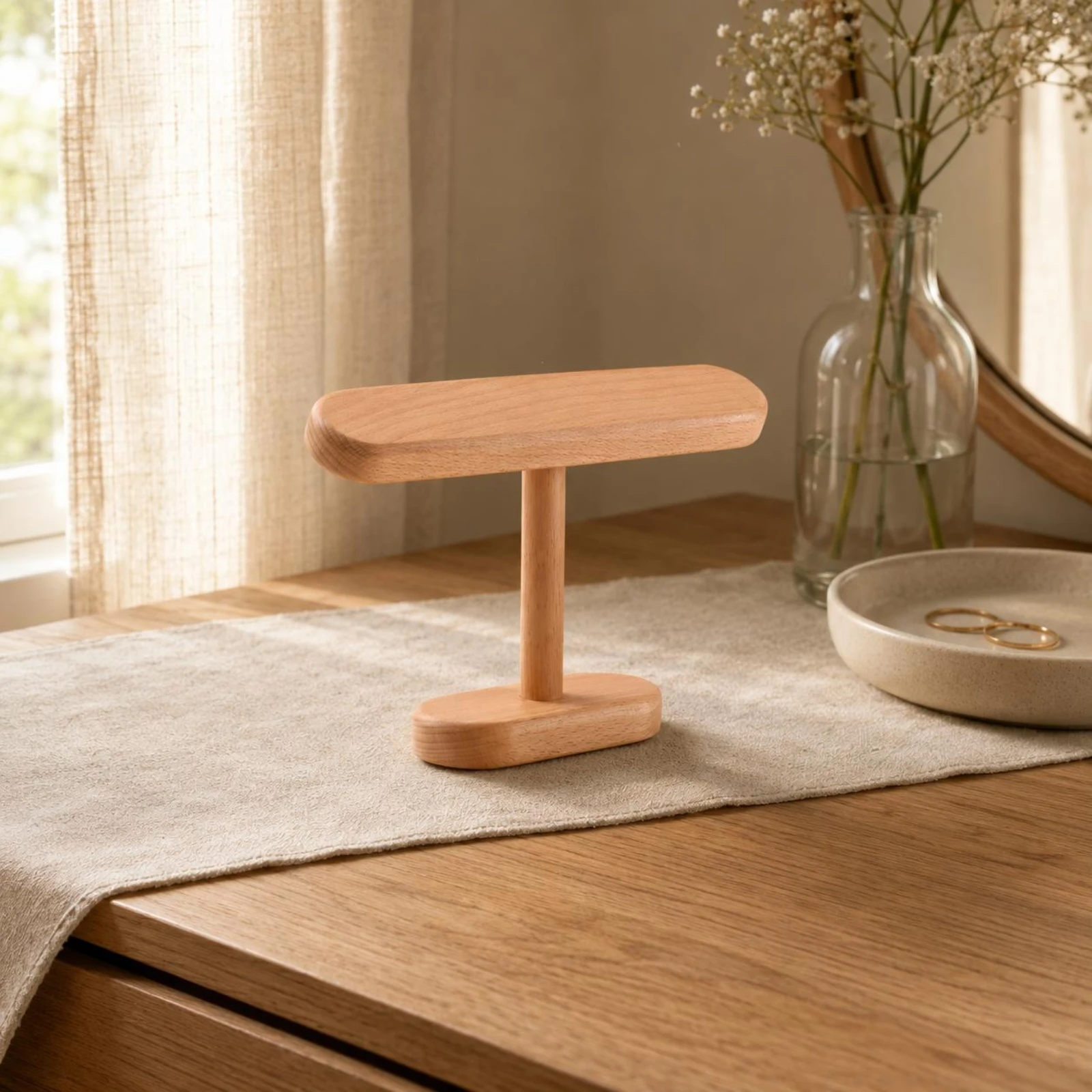 

T-Shaped Jewelry Stand Natural Beech Wood Bracelet Stand Beaded Bracelet Holder Rounded Edges Accessory Storage Polished Surface