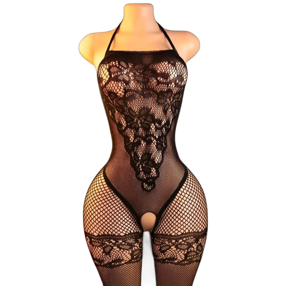 Lencería sexy, babydoll, bodystocking de rejilla, ropa de club con brillos, body para mujer, mono con aberturas, transparente, medias de malla sexy para mujer