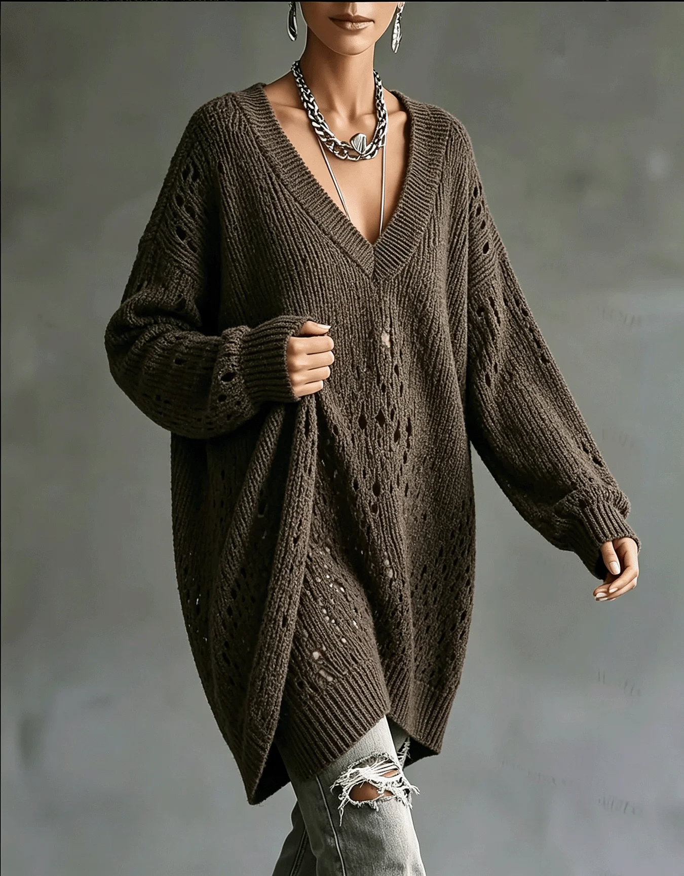 Women V Neck Hollow Out Knit Tunic Long Sleeve Asymmetric Hem Loose Pullover Autumn Winter Casual Solid Knitted Sweater