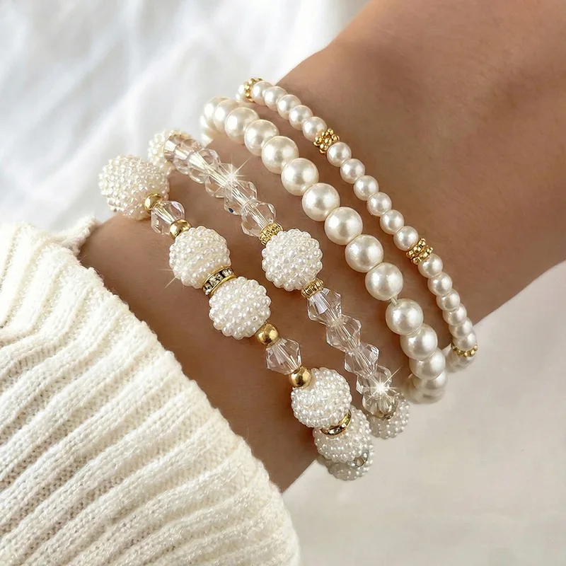 4pcs/set Boho Faux Pearl & Glass Bead Elastic Bracelet – Effortless Romantic Style for Everyday.