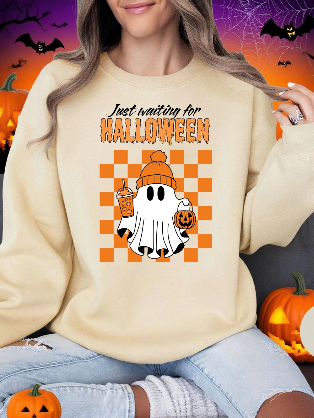 할로윈 인쇄 스웨터를위한 단순한 쓰기 여성 양털 따뜻한 스포티 후드 크루 넥 루즈 풀오버 겨울 캐주얼 의류