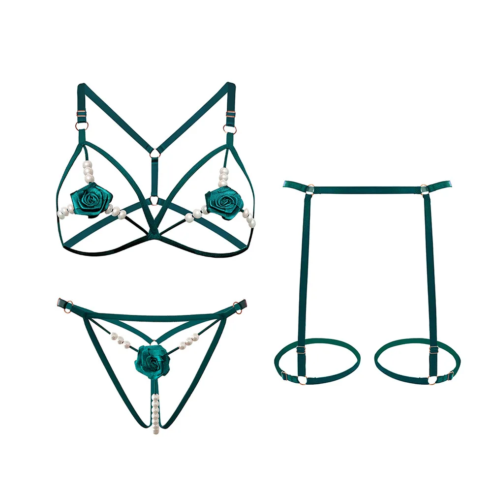 3Pcs/Set Pearl Rose Sexy Bra Set Women Bralette Girls Pearl Underwear Thong Erotic Open Sleepwear Transparent Bras Lingerie Sets