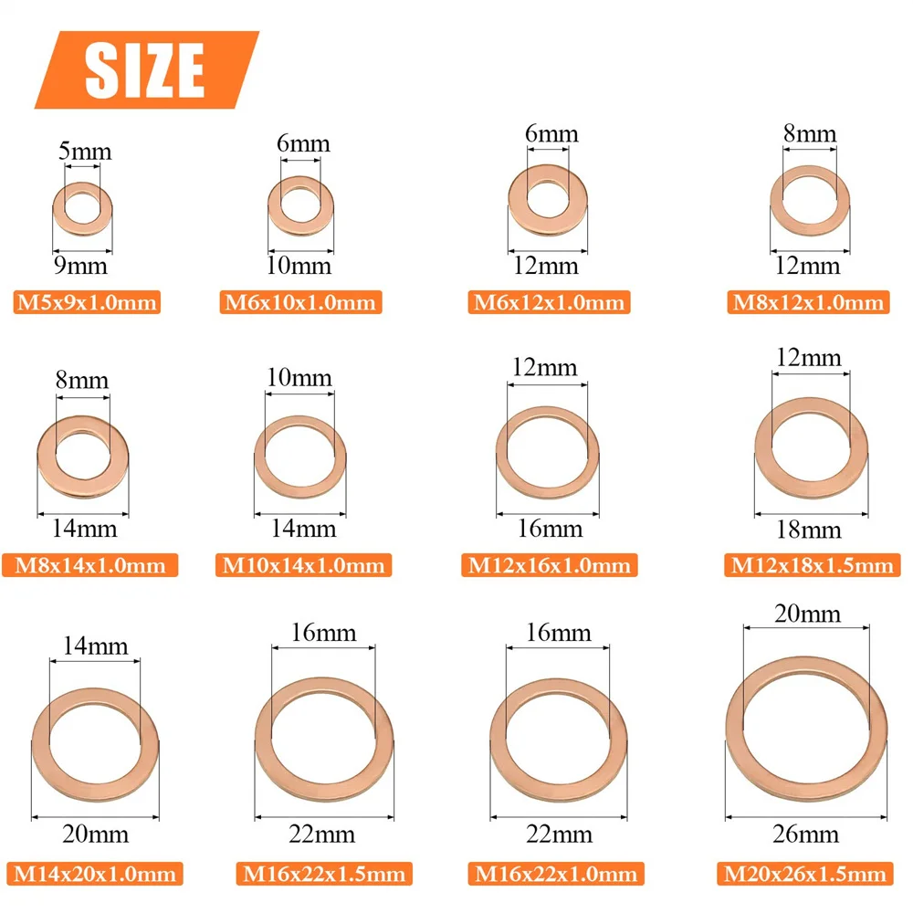 Copper Flat Washer Assortment Set,300pcs 12 Sizes Seal O-Rings Copper Sump Plug Oil Washers Sealing Solid Gasket Washer M5-M20