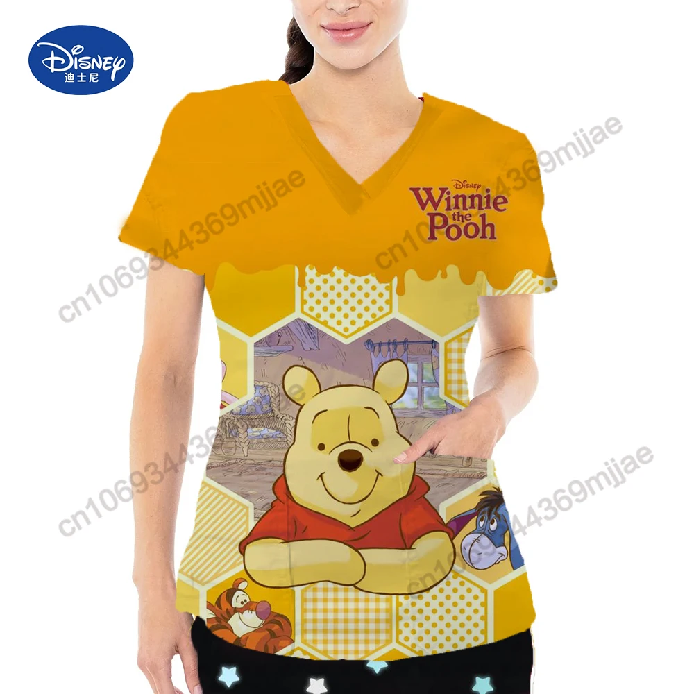 2024 Summer New Pretty Disney Cartoon pattern Double Pocket V-Neck Design Style Comfortable Clothing Female nurse\'s uniform