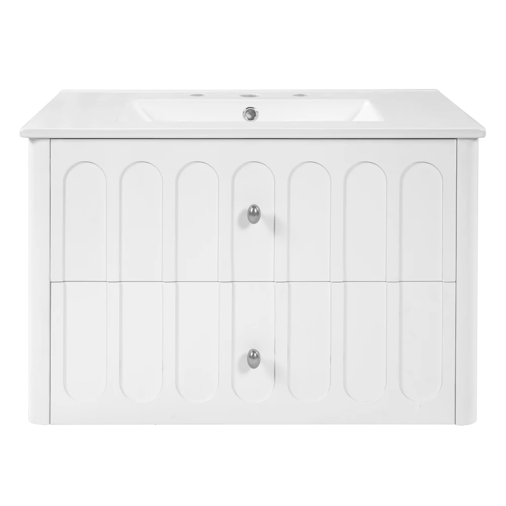 

30" Modern Floating Bathroom Vanity with Oval Knobs & Round Edge, Soft-Close Drawer Slides, Bathroom Cabinet with Ceramic Sink