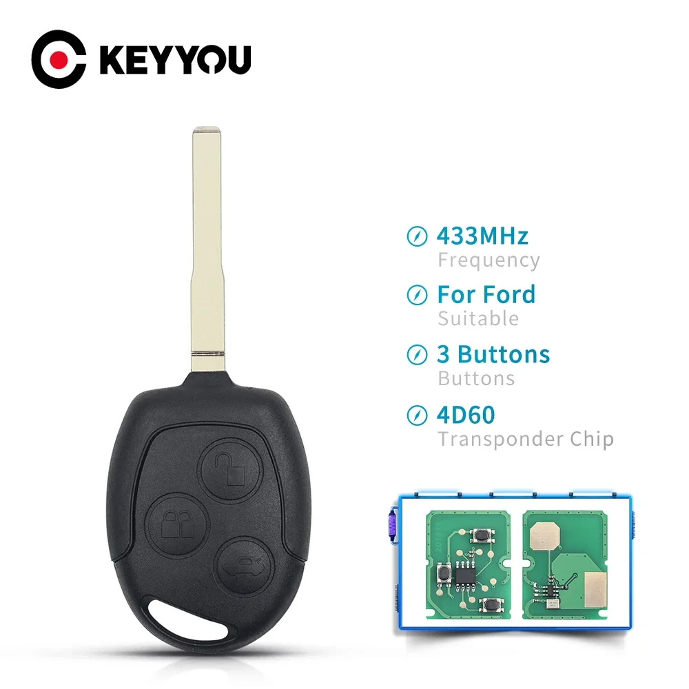 KEYYOU 3 Buttons 4D60/4D63 Chip 433Mhz Car Remote Key For Ford Focus Fiesta Fusion Mondeo Galaxy C-Max S-Max Uncut HU101 Blade