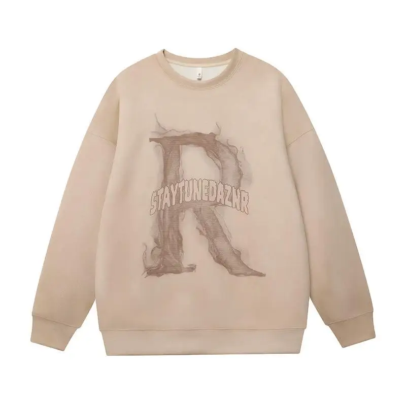 New high end popular suede sweatshirt men round neck autumn American retro vintage fashion brand teen couple tops Harajuku Y2K