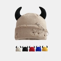 New Unisex Knitted Beanie With Devil Horns Halloween Distressed Skull Cap Hip Hop Winter Warm Yarn Hat For Men Women