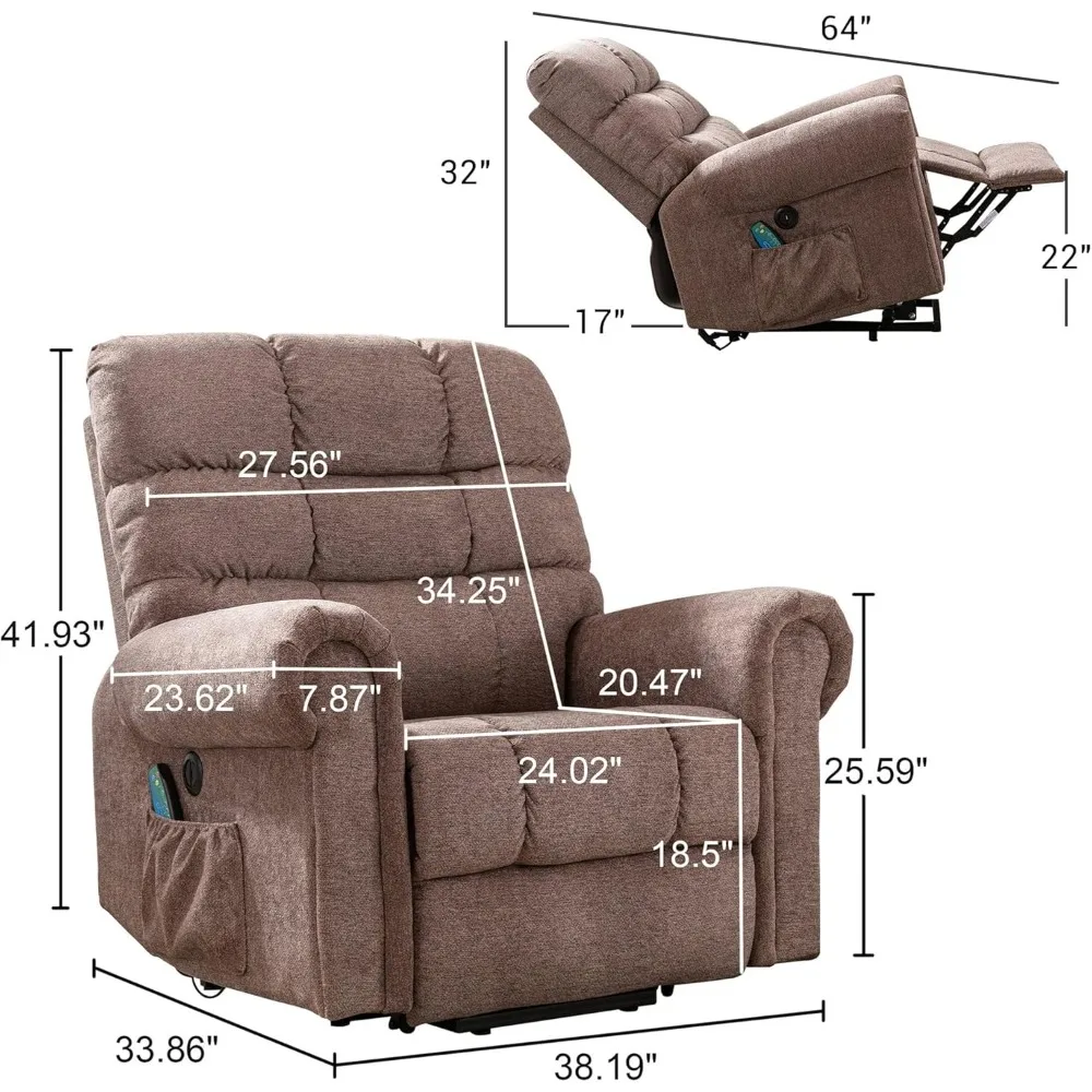 Power Lift Recliner Chair for Elderly Electric Single Massage Sofa for Living Room with USB Ports, Side Pocket, Brown