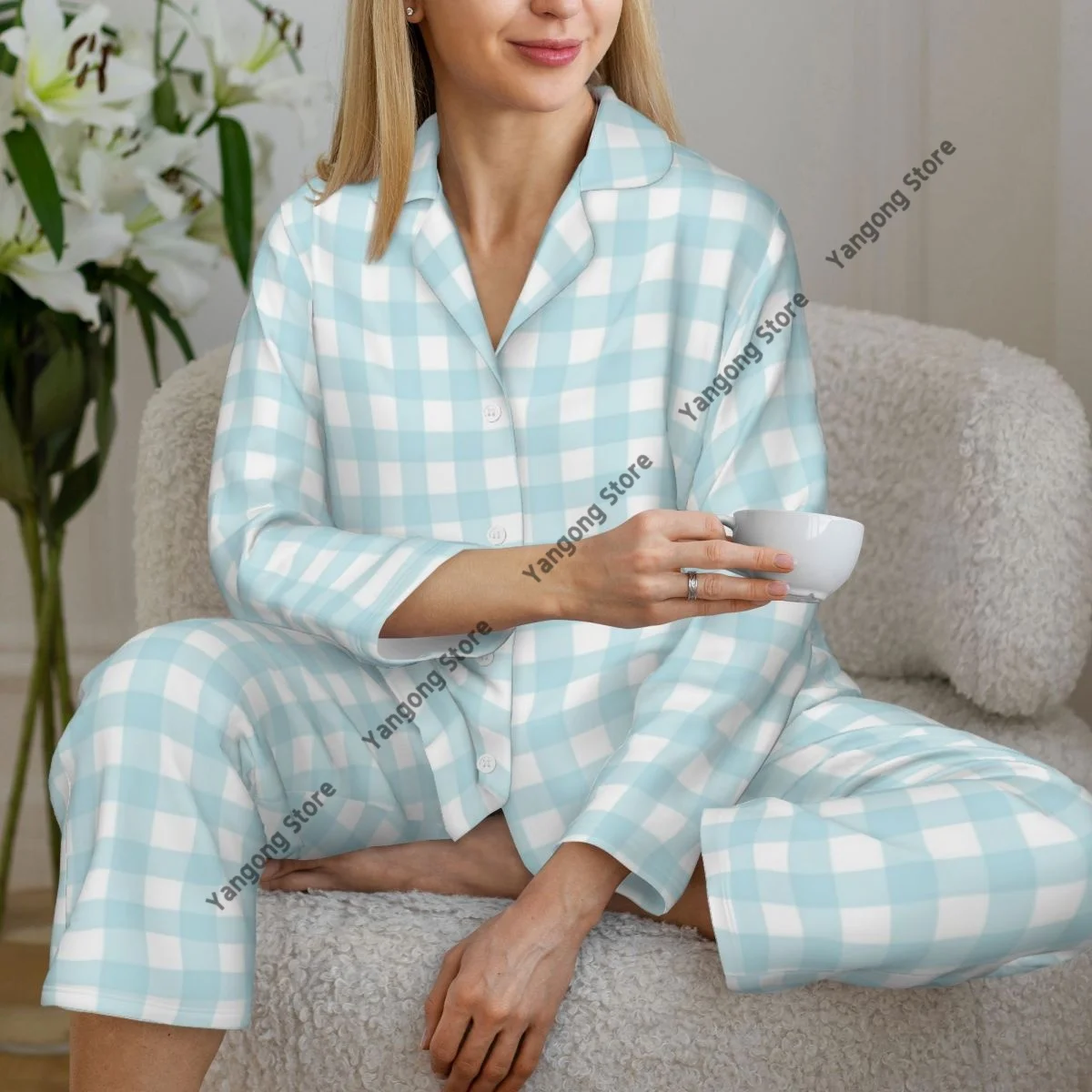 Women's Pajamas Long-sleeved Girl Loungewear Two-piece Set Check Plaid Blue And White Pajamas for Autumn Spring