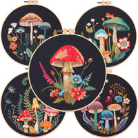 Mushroom Flower Black Cloth Pattern Embroidery Kit Set with Needle Instruction Stamped Clothes Kit for DIY Craft