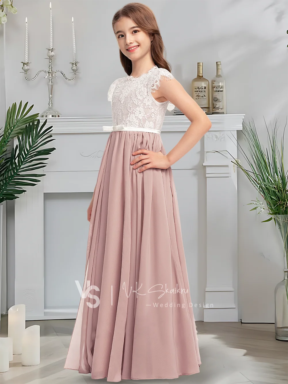 

A Elegant A-line Scoop Floor-Length Chiffon Lace Satin Junior Bridesmaid Dress with Bow Beautiful Flower Girl Dress for Weddings