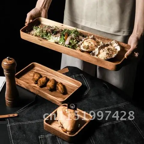 Acacia Wood Rectangular Plate for Family Restaurant Service Table with Japanese Tea Cup Saucer and Dessert Cake Tray