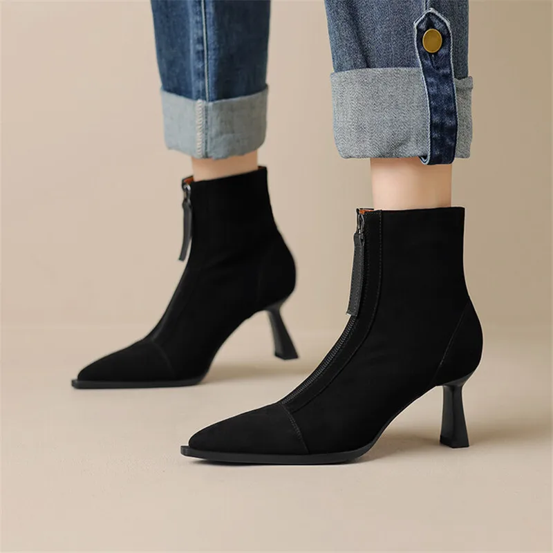 2023 New Winter Sheep Suede Women Boots Pointed Toe Boots for Women High Heels Short Boots Concise Ladies Shoes Zapatos De Mujer