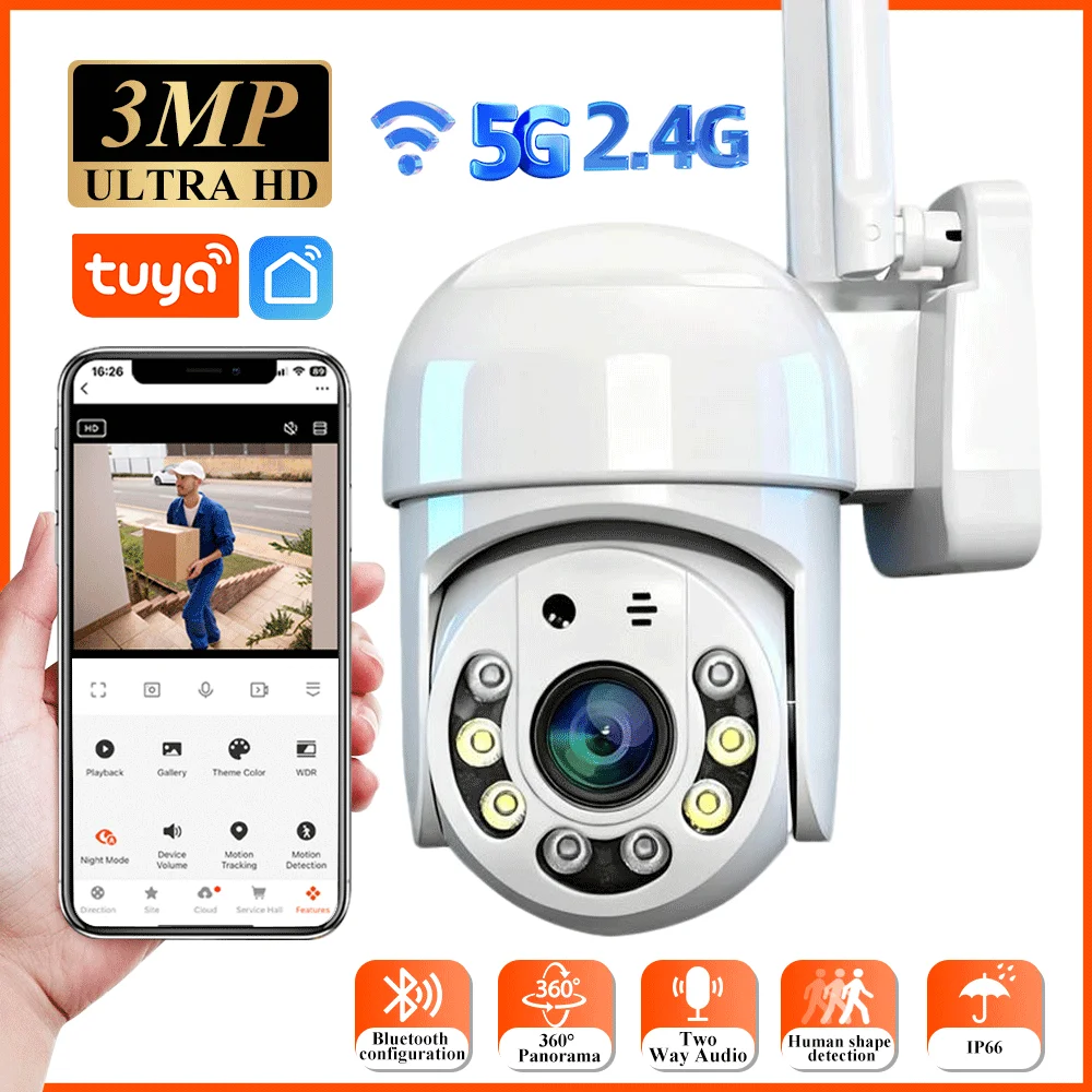 

Tuya умный дом 3MP HD 2,4G/5G Wi-Fi IP-камера PTZ уличная водонепроницаемая защита дома полноцветное наблюдение ночного видения