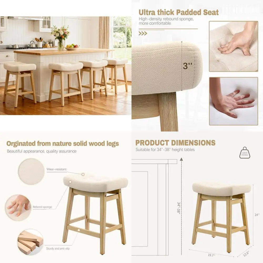 

Set of 3 Khaki Padded Fabric Counter Height Bar Stools with Solid Wood Legs for Kitchen Island, 24 inches