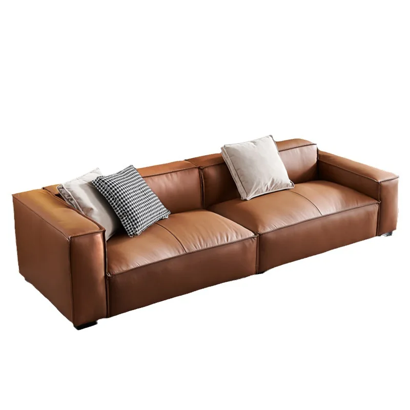 Italian tofu block leather sofa modern simple Internet celebrity living room three straight top layer cowhide sofa combination