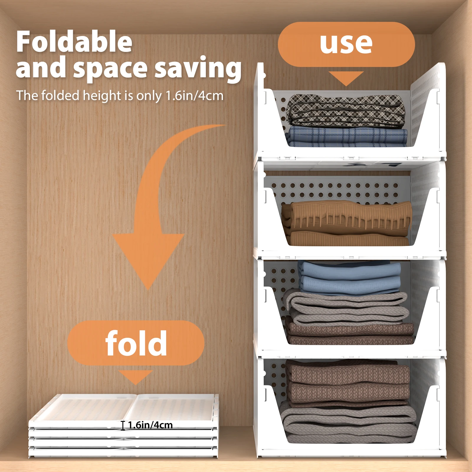 4er-Set Stapelbare Faltbare Kleiderschrank-Aufbewahrungsboxen, Weiße Kunststoff-Schrankregale, Ausziehbare Schubladen-Ähnliche Organizer-Box, Geeignet für Zuhause, Schlafzimmer, Küche (Einfach zu