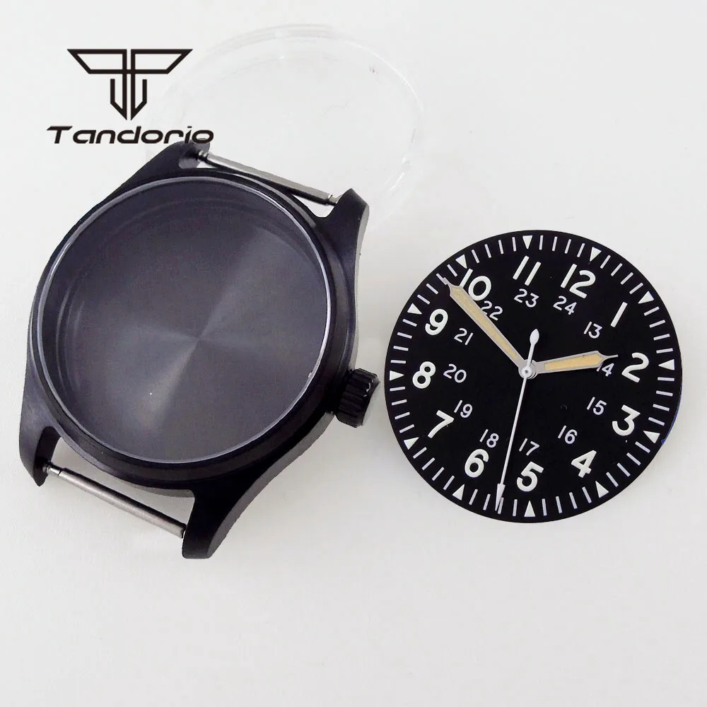 Schwarz pvd edelstahl 20bar 39mm pilot uhrengehäuse saphirglas zifferblatt zeiger set fit nh34 nh35 nh36 eta2824 pt5000 werk