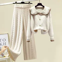 Spring Autumn Korean Fashion Two Piece Sets For Women New Knitwears Cardigan Sweater Matching Casual Wide Leg Pants Set