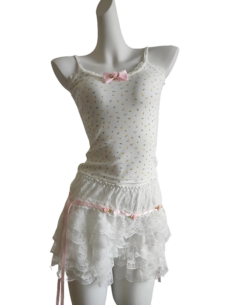 

Cute 2 Piece Set Women Summer Floral Camis and Lace Shorts Pink Flower Bows Decoration Elastic Waist Shorts Suit for Sweet Girls