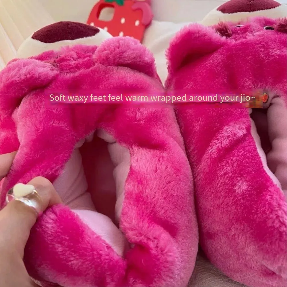Disney Kawaii Lotso Strawberry Bear Flat Shoes Cotton Slippers Women Home Indoor Non Slip Thick Bottom Warm Slippers House Shoe