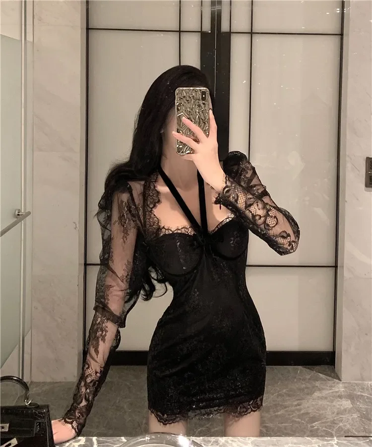 Korobov New Spring Women Dress Vintage Puff Sleeve Square Collar Sexy Black Dresses Korean High Waist Velvet Vestidos Femme