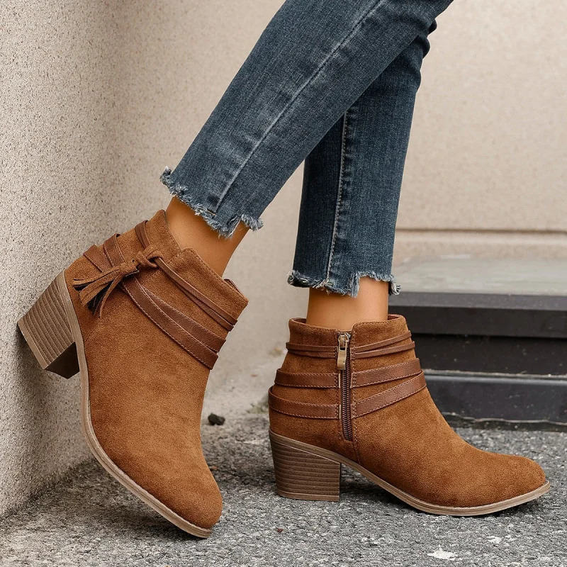 

Women's High Heel Ankle Boots 2025 Fall Winter Pointed Toe Suede Boots Zip Up Mid Calf Boots