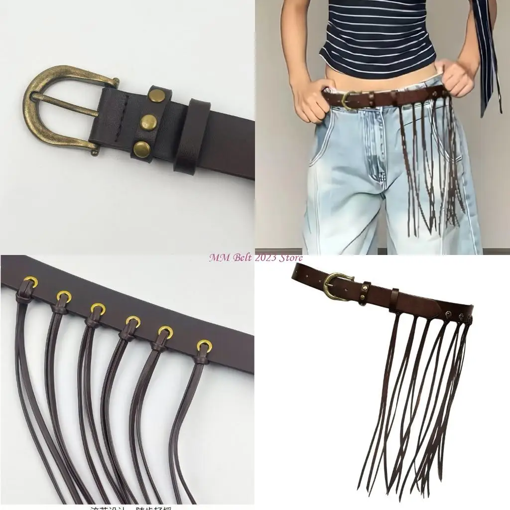 49ME Contemporary Adjustable Waist Belt With Textured PU Leather And Fringe Embellishments Elegant Belt