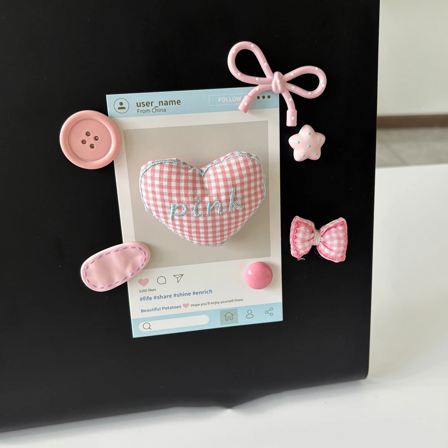 Korean ins pink blue magnetic refrigerator sticker fabric heart decoration cream pink whiteboard iron cabinet hole board