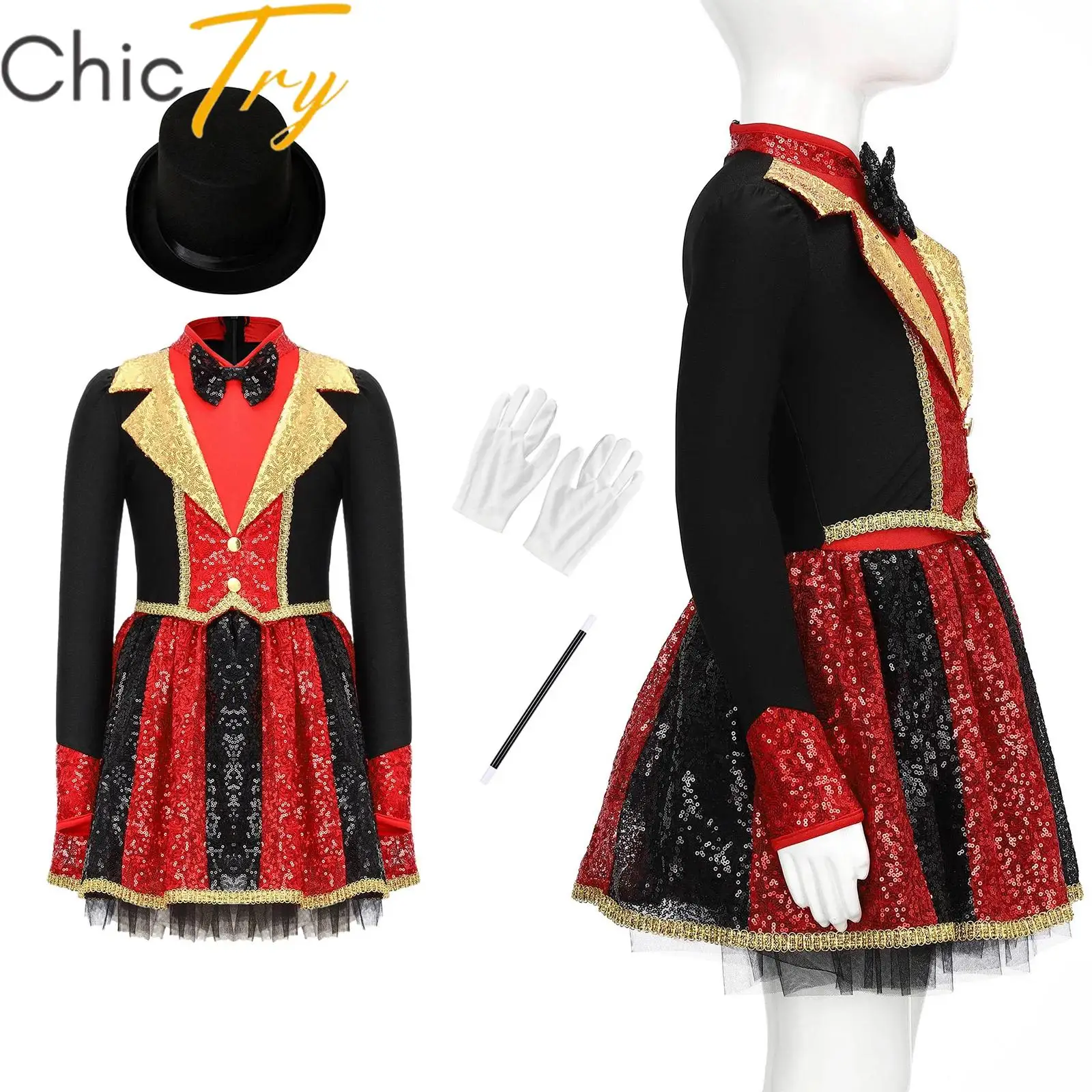 

Kids Girl Circus Costumes Cosplay Sets Color Block Shiny Sequins Mock Neck Long Sleeve Bow Tie Dress with Hat Gloves Magic Wand