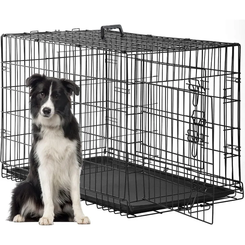 Crate for Large Dogs Folding Metal Pet  Double Door W/Divider Panel Indoor Outdoor Dog Kennel Leak-Proof Plastic Tray Wire Anima