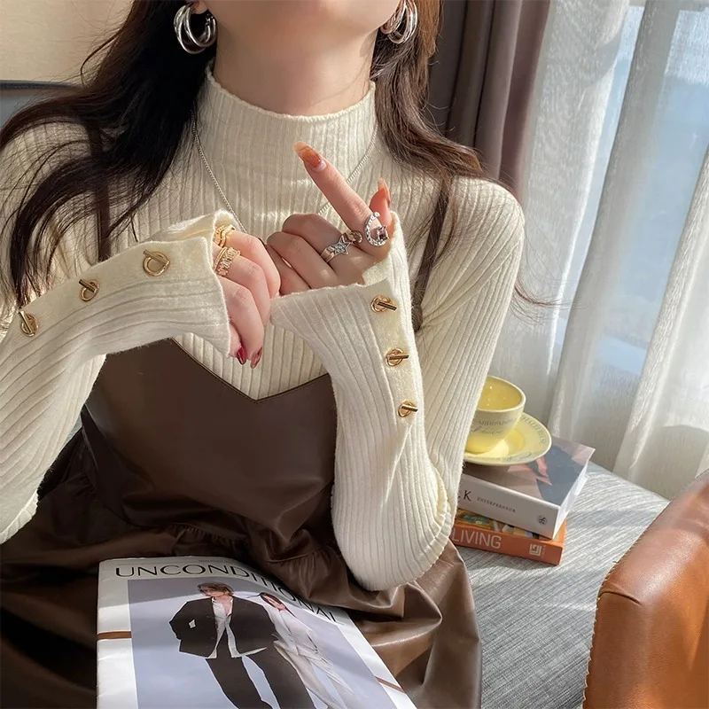 

White Base For Women In Autumn Winter 2024, New High-End And Stylish Semi High Neck Sweater With Knitted Long Sleeved Top Inside