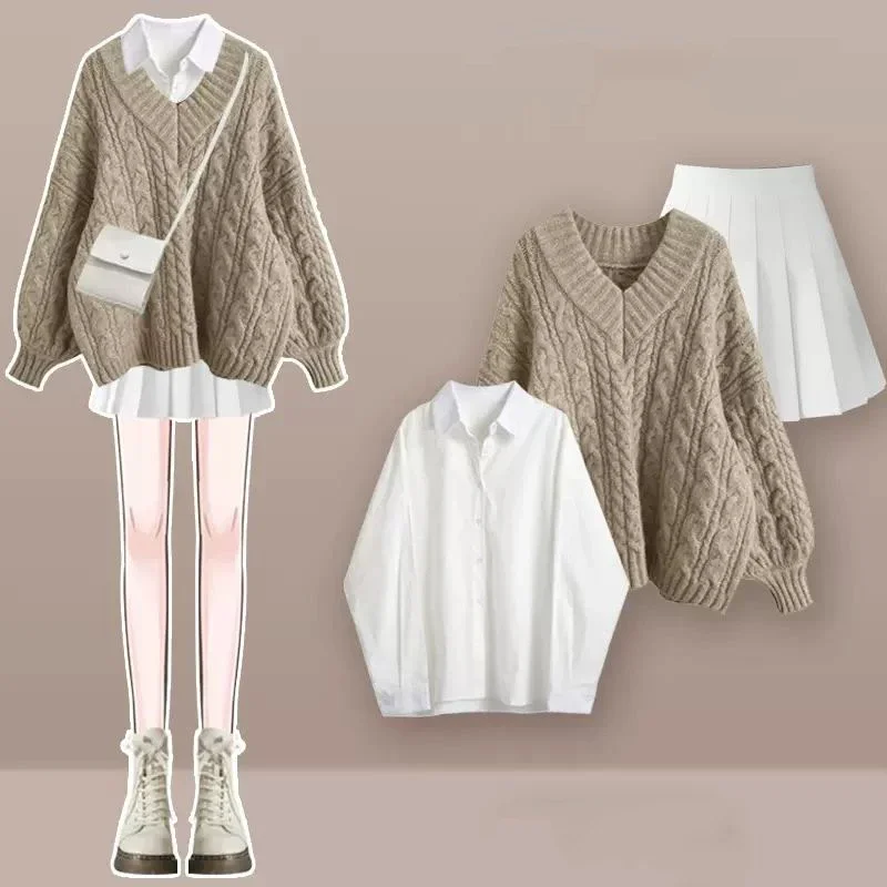 Korean Style Loose and Lazy Sweater White Shirt Pleated Skirt Two-piece Set Elegant Women\'s Skirt Set Casual Clothing