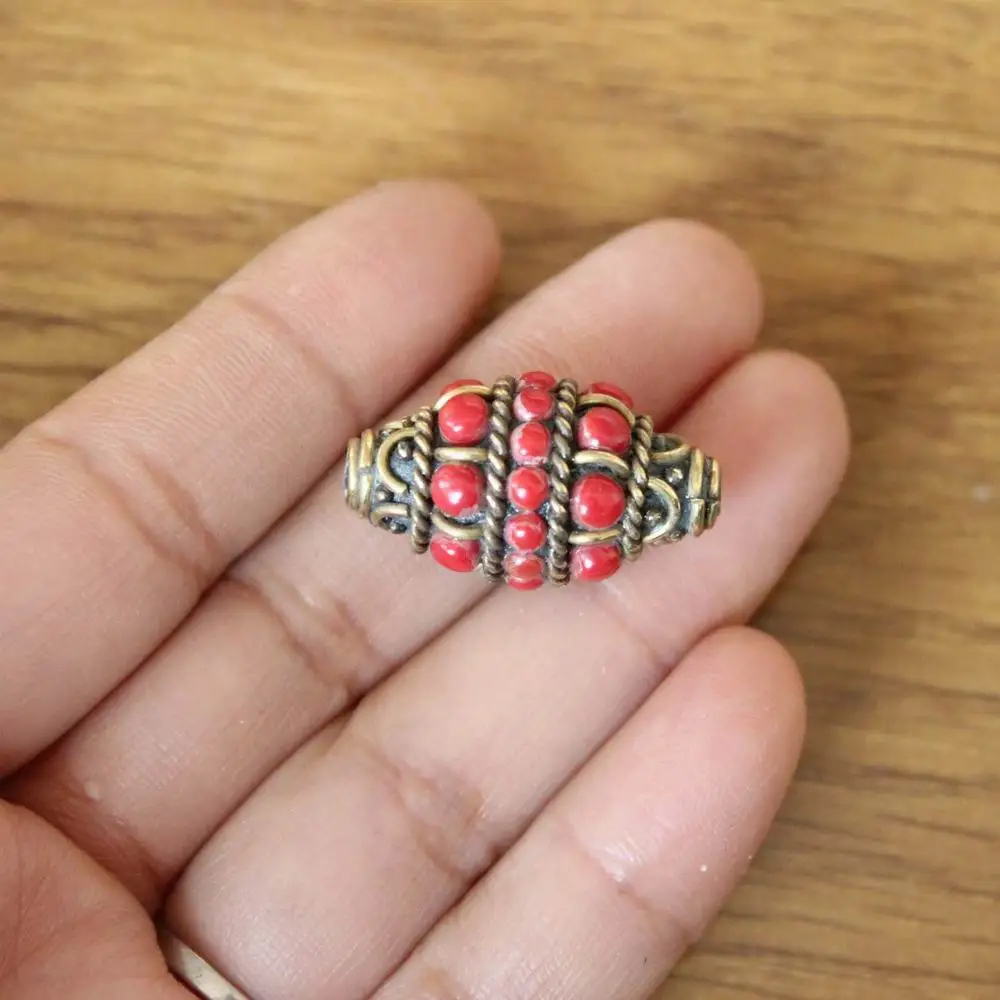 BD262 Tibetan Brass Inlaid Red Mini Glass Beads For Jewelry Making Diy Accessories 4 pieces Lot