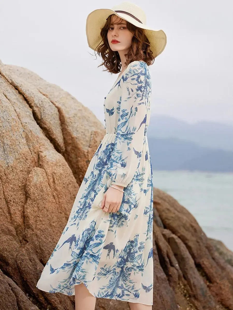 LOUIS YAO Women Dress Elegant V Neck Long Sleeve Print Summer Dress French Style High Waist A-line Slim Fit Long Dress