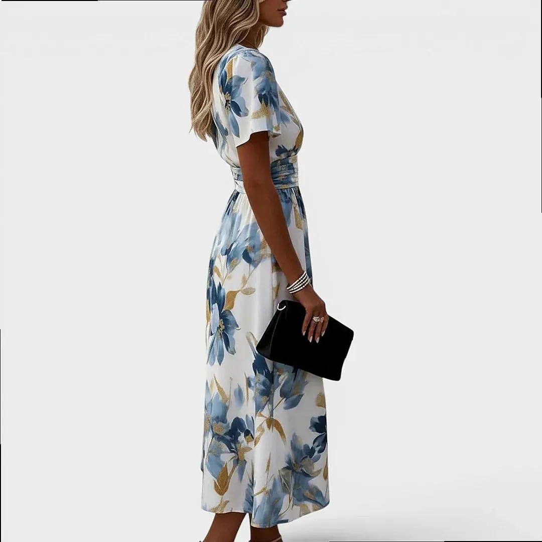 3D Print V Neck Short Sleeve Pleated Dress, Women Summer Flowy A Line Dresses with Pockets