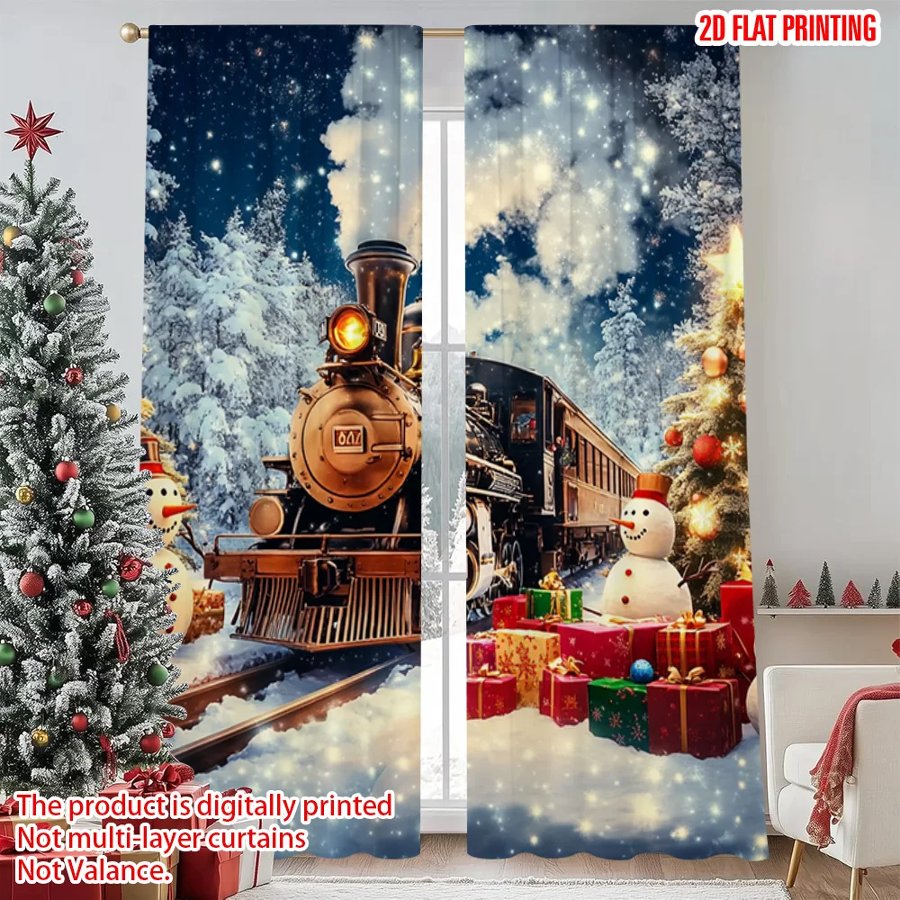 

2pcs 2D flat printing Christmas Drapes Day Christmas Train Scene Fabric Without Electricity Party Decorations Perfect for