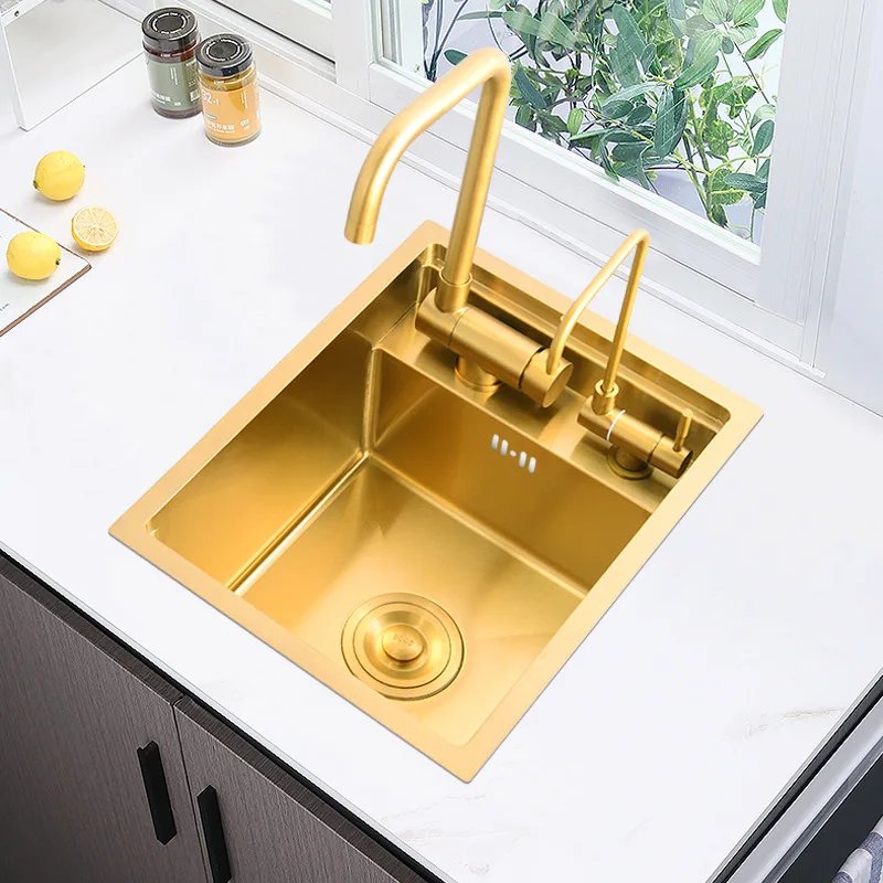 Modern Luxury Golden 350*450mm hidden Kitchen sink Single sink High Quality SUS304 Stainless steel Kitchen sink Brushed Gold