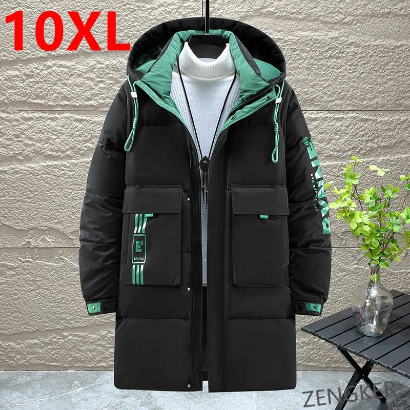 Winter men's oversized long style jacket trend of padded jacket hooded thickened design suitable for overweight men 10XL 9XL