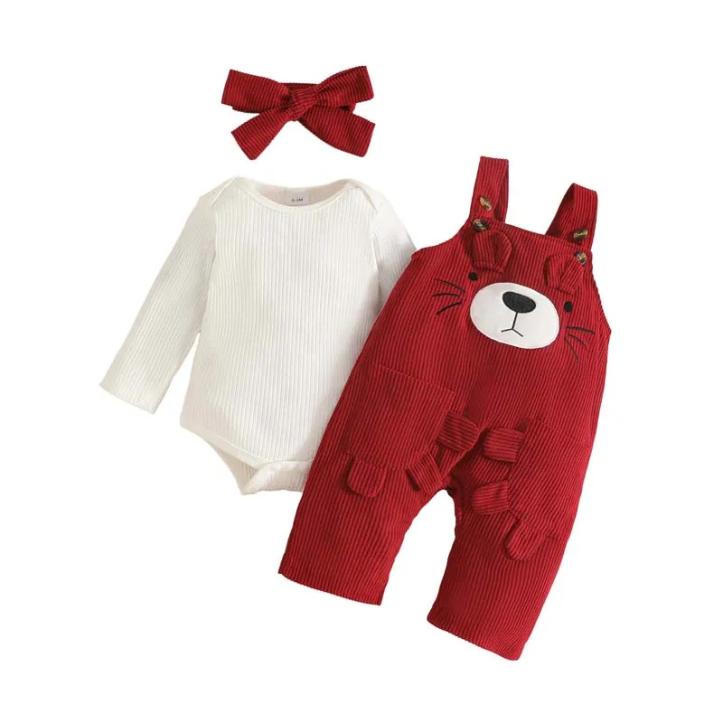 

Baby Clothing Bodysuits Pants Set Autumn White Long Sleeves Onesies Cute Bear Suspenders Trousers Hairband Baby Girl 0-18 Months