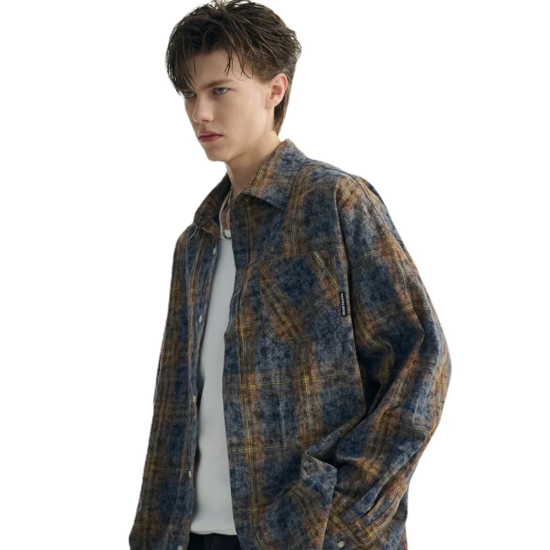 

Shirt Coat Men's Cotton Geometric Pattern Color Matching Loose Casual Versatile New SpringAutumn American Retro Burrs Check Thin