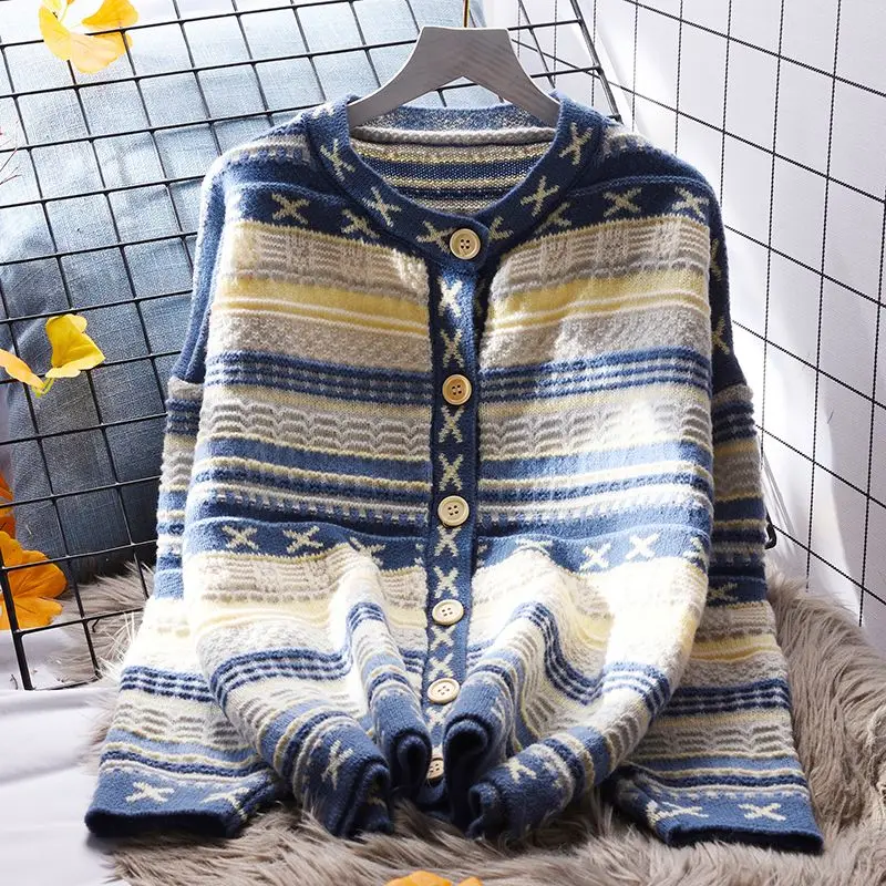 Stripe Sweater Coat Women Loose Cardigan Spring Korean Version Long Sleeve Round Neck Slim Knitted Cardigan Sweater Female