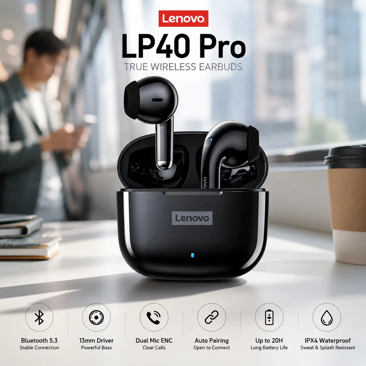 Lenovo LP40 Pro Wireless Headphones Bluetooth 5.4 TWS HiFi Stereo Earphones Gaming Sports Touch Control HD Call with Mic Earbuds