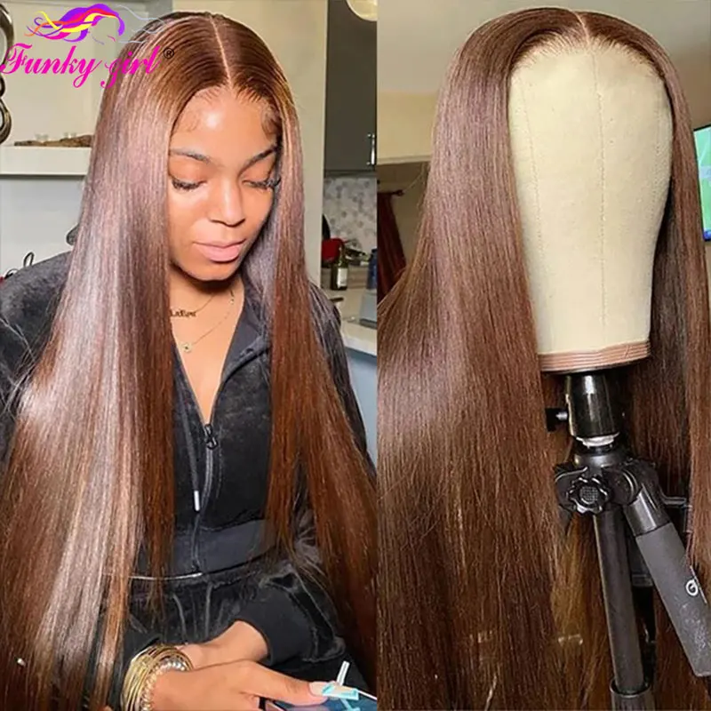 Wig lurus berenda berwarna coklat Wig depan rambut manusia pra pencabutan #4 Wig Frontal renda transparan Brasil untuk Wig penutupan wanita