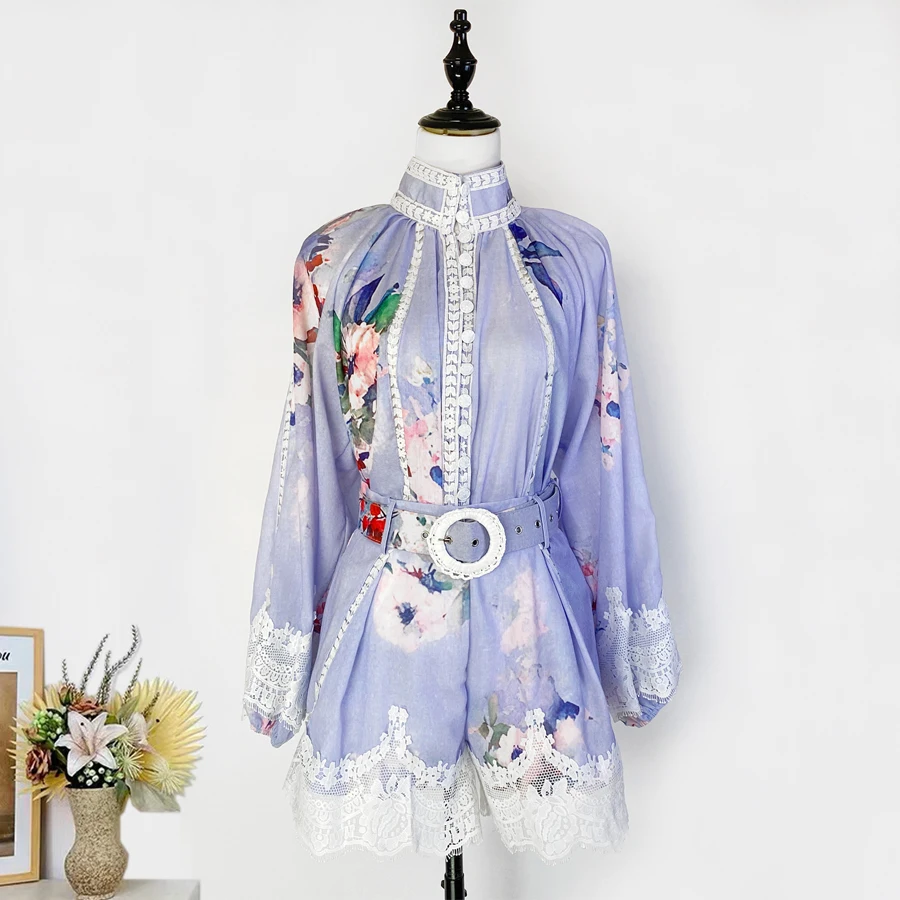 

Lace Print Single-Button irt orts Set High-End Faion Spring Collection Polyester Fabric Long Sve Stand Collar